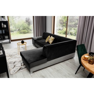 Canapé d'angle convertible en tissu luxe 5 places, avec coffre - noir et gris clair, angle droit (vu de face), VERTU VELOURS