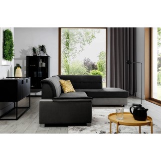Canapé d'angle convertible en tissu luxe 5 places, avec coffre - noir et gris clair, angle droit (vu de face), VERTU VELOURS