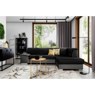 Canapé d'angle convertible en tissu luxe 5 places, avec coffre - noir et gris clair, angle droit (vu de face), VERTU VELOURS