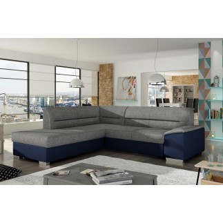 Canapé d'angle convertible en tissu luxe gris et simili cuir bleu, 5 places, avec coffre, angle gauche (vu de face), VERTU MIX