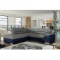 Canapé d'angle convertible en tissu luxe gris et simili cuir bleu, 5 places, avec coffre, angle gauche (vu de face), VERTU MIX