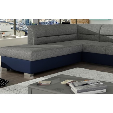 Canapé d'angle convertible en tissu luxe gris et simili cuir bleu, 5 places, avec coffre, angle gauche (vu de face), VERTU MIX