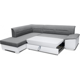 Canapé d'angle convertible en tissu luxe gris et simili cuir bleu, 5 places, avec coffre, angle gauche (vu de face), VERTU MIX