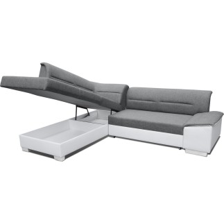 Canapé d'angle convertible en tissu luxe gris et simili cuir bleu, 5 places, avec coffre, angle gauche (vu de face), VERTU MIX