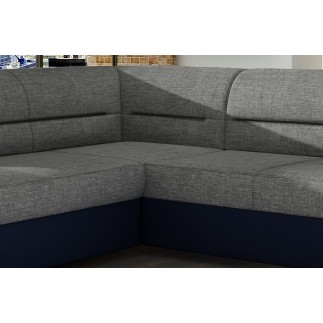 Canapé d'angle convertible en tissu luxe gris et simili cuir bleu, 5 places, avec coffre, angle gauche (vu de face), VERTU MIX