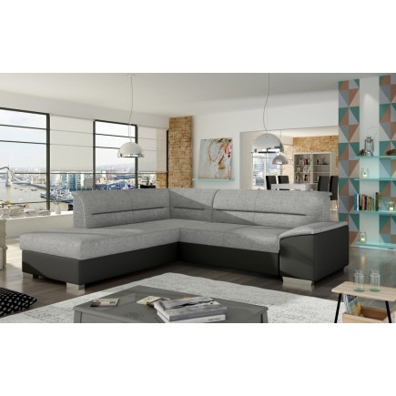 - Canapé d'angle convertible en tissu luxe gris et simili cuir noir, 5 places, avec coffre, angle gauche (vu de face) - VERTU MI
