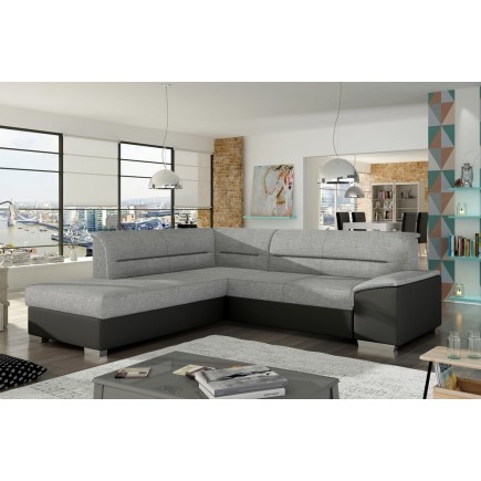 - Canapé d'angle convertible en tissu luxe gris et simili cuir noir, 5 places, avec coffre, angle gauche (vu de face) - VERTU MI