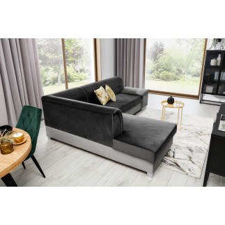 - Canapé d'angle convertible en tissu luxe gris et simili cuir noir, 5 places, avec coffre, angle gauche (vu de face) - VERTU MI