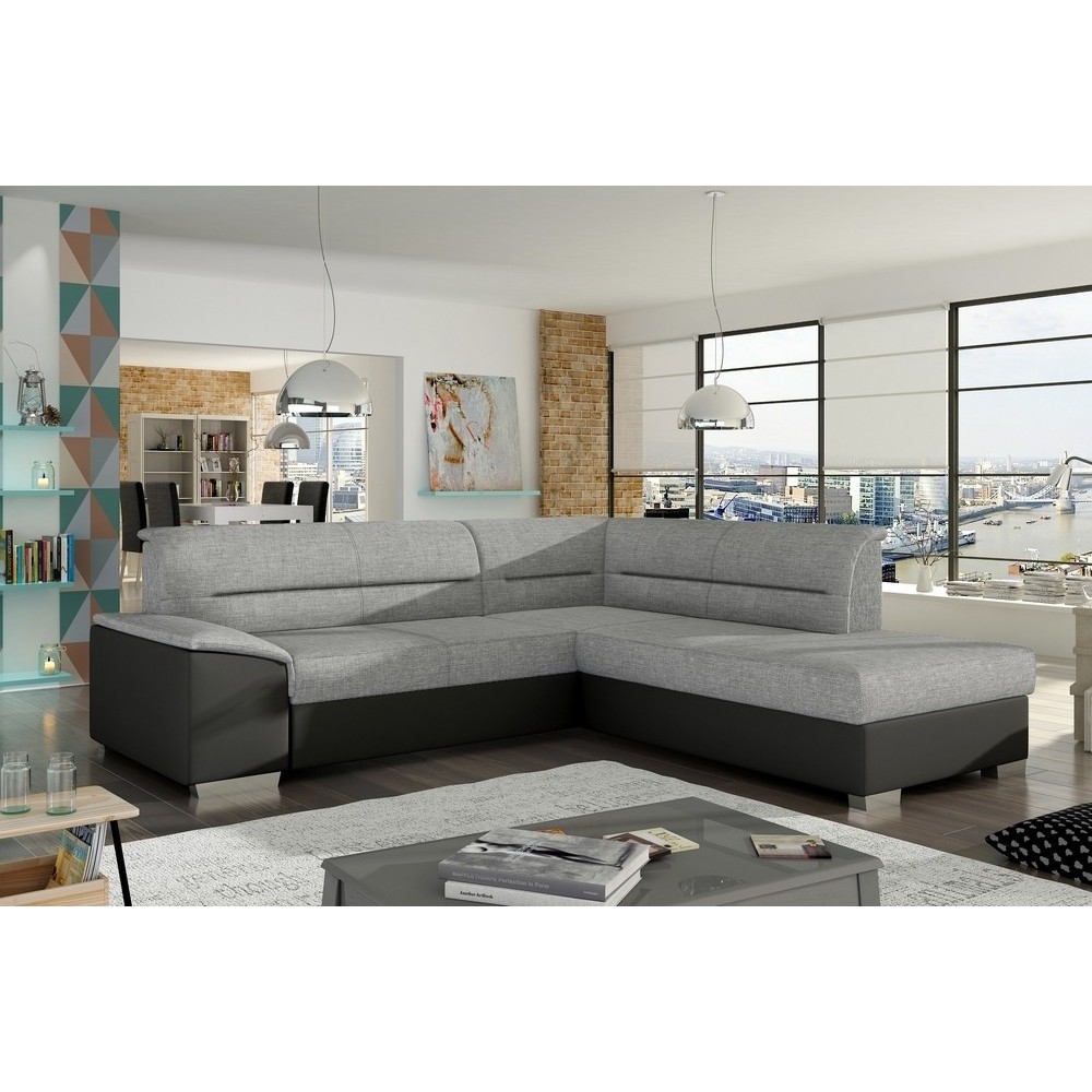 Canapé d'angle convertible en tissu luxe gris et simili cuir noir, 5 places, avec coffre, angle droit (vu de face), VERTU MIX
