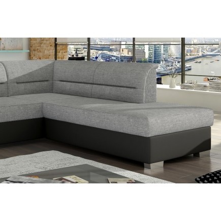 Canapé d'angle convertible en tissu luxe gris et simili cuir noir, 5 places, avec coffre, angle droit (vu de face), VERTU MIX