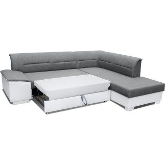 Canapé d'angle convertible en tissu luxe gris et simili cuir noir, 5 places, avec coffre, angle droit (vu de face), VERTU MIX