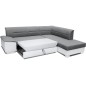 Canapé d'angle convertible en tissu luxe gris et simili cuir noir, 5 places, avec coffre, angle droit (vu de face), VERTU MIX