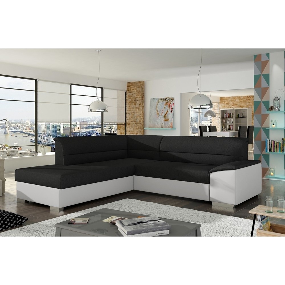 Canapé d'angle convertible en tissu luxe noir et simili cuir blanc cassé, 5 places, avec coffre, angle gauche (vu de face), VERT