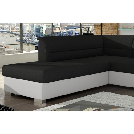 Canapé d'angle convertible en tissu luxe noir et simili cuir blanc cassé, 5 places, avec coffre, angle gauche (vu de face), VERT