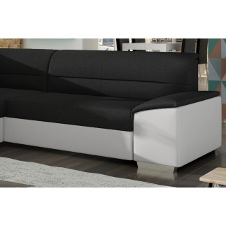 Canapé d'angle convertible en tissu luxe noir et simili cuir blanc cassé, 5 places, avec coffre, angle gauche (vu de face), VERT