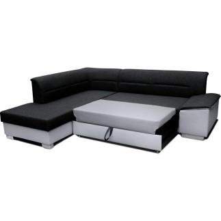 Canapé d'angle convertible en tissu luxe noir et simili cuir blanc cassé, 5 places, avec coffre, angle gauche (vu de face), VERT