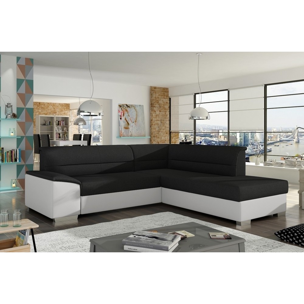 Canapé d'angle convertible en tissu luxe noir et simili cuir blanc cassé, 5 places, avec coffre, angle droit (vu de face), VERTU