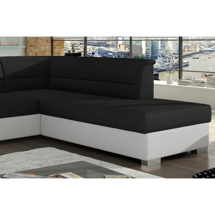 Canapé d'angle convertible en tissu luxe noir et simili cuir blanc cassé, 5 places, avec coffre, angle droit (vu de face), VERTU