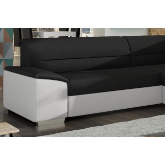 Canapé d'angle convertible en tissu luxe noir et simili cuir blanc cassé, 5 places, avec coffre, angle droit (vu de face), VERTU