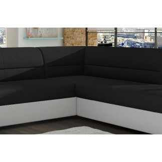 Canapé d'angle convertible en tissu luxe noir et simili cuir blanc cassé, 5 places, avec coffre, angle droit (vu de face), VERTU