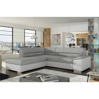 Canapé d'angle convertible en tissu luxe gris et simili cuir blanc cassé, 5 places, avec coffre, angle gauche (vu de face), VERT