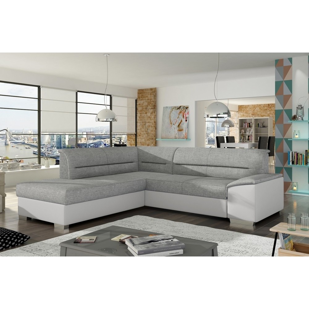 Canapé d'angle convertible en tissu luxe gris et simili cuir blanc cassé, 5 places, avec coffre, angle gauche (vu de face), VERT