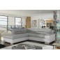 Canapé d'angle convertible en tissu luxe gris et simili cuir blanc cassé, 5 places, avec coffre, angle gauche (vu de face), VERT