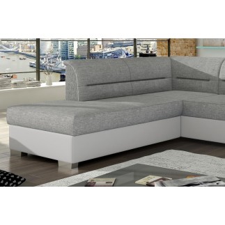 Canapé d'angle convertible en tissu luxe gris et simili cuir blanc cassé, 5 places, avec coffre, angle gauche (vu de face), VERT