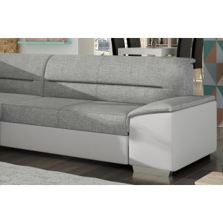 Canapé d'angle convertible en tissu luxe gris et simili cuir blanc cassé, 5 places, avec coffre, angle gauche (vu de face), VERT
