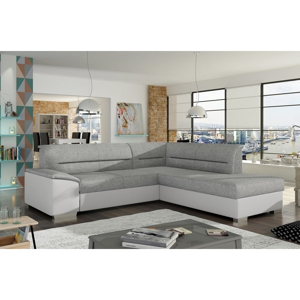 Canapé d'angle convertible en tissu luxe gris et simili cuir blanc cassé, 5 places, avec coffre, angle droit (vu de face), VERTU