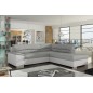 Canapé d'angle convertible en tissu luxe gris et simili cuir blanc cassé, 5 places, avec coffre, angle droit (vu de face), VERTU