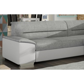 Canapé d'angle convertible en tissu luxe gris et simili cuir blanc cassé, 5 places, avec coffre, angle droit (vu de face), VERTU