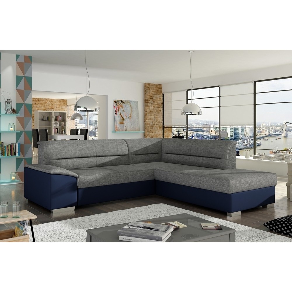 Canapé d'angle convertible en tissu luxe gris et simili cuir bleu, 5 places, avec coffre, angle droit (vu de face), VERTU MIX