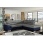 Canapé d'angle convertible en tissu luxe gris et simili cuir bleu, 5 places, avec coffre, angle droit (vu de face), VERTU MIX
