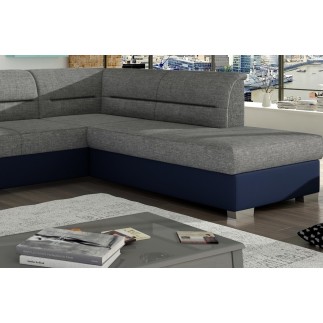 Canapé d'angle convertible en tissu luxe gris et simili cuir bleu, 5 places, avec coffre, angle droit (vu de face), VERTU MIX