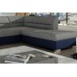 Canapé d'angle convertible en tissu luxe gris et simili cuir bleu, 5 places, avec coffre, angle droit (vu de face), VERTU MIX
