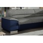 Canapé d'angle convertible en tissu luxe gris et simili cuir bleu, 5 places, avec coffre, angle droit (vu de face), VERTU MIX