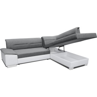 Canapé d'angle convertible en tissu luxe gris et simili cuir bleu, 5 places, avec coffre, angle droit (vu de face), VERTU MIX