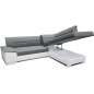 Canapé d'angle convertible en tissu luxe gris et simili cuir bleu, 5 places, avec coffre, angle droit (vu de face), VERTU MIX