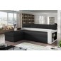 - Canapé d'angle convertible en tissu luxe noir et simili cuir blanc cassé, 5 places, avec coffre, angle gauche (vu de face) - R