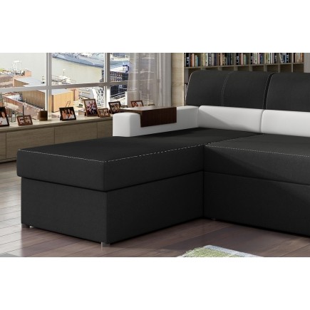 - Canapé d'angle convertible en tissu luxe noir et simili cuir blanc cassé, 5 places, avec coffre, angle gauche (vu de face) - R