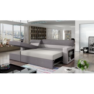 - Canapé d'angle convertible en tissu luxe noir et simili cuir blanc cassé, 5 places, avec coffre, angle gauche (vu de face) - R