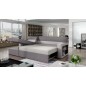 - Canapé d'angle convertible en tissu luxe noir et simili cuir blanc cassé, 5 places, avec coffre, angle gauche (vu de face) - R