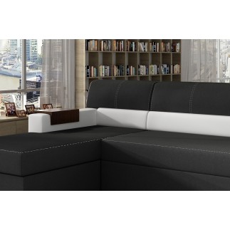- Canapé d'angle convertible en tissu luxe noir et simili cuir blanc cassé, 5 places, avec coffre, angle gauche (vu de face) - R