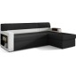 Canapé d'angle convertible en tissu luxe noir et simili cuir blanc cassé, 5 places, avec coffre, angle droit (vu de face) - RICC