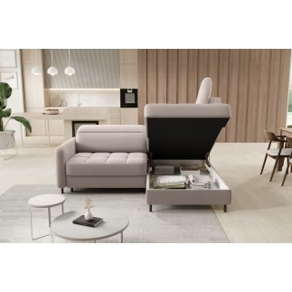Canapé d'angle convertible en velours beige luxe 3 places BARTOLI, angle droite (vu de face)