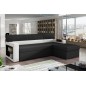 Canapé d'angle convertible en tissu luxe noir et simili cuir blanc cassé, 5 places, avec coffre, angle droit (vu de face) - RICC