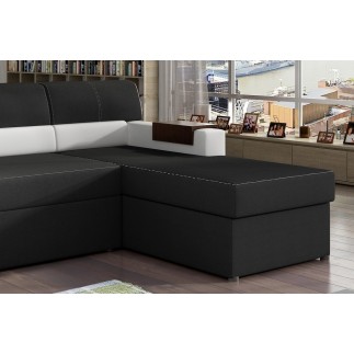 Canapé d'angle convertible en tissu luxe noir et simili cuir blanc cassé, 5 places, avec coffre, angle droit (vu de face) - RICC