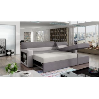 Canapé d'angle convertible en tissu luxe noir et simili cuir blanc cassé, 5 places, avec coffre, angle droit (vu de face) - RICC