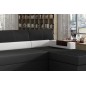 Canapé d'angle convertible en tissu luxe noir et simili cuir blanc cassé, 5 places, avec coffre, angle droit (vu de face) - RICC